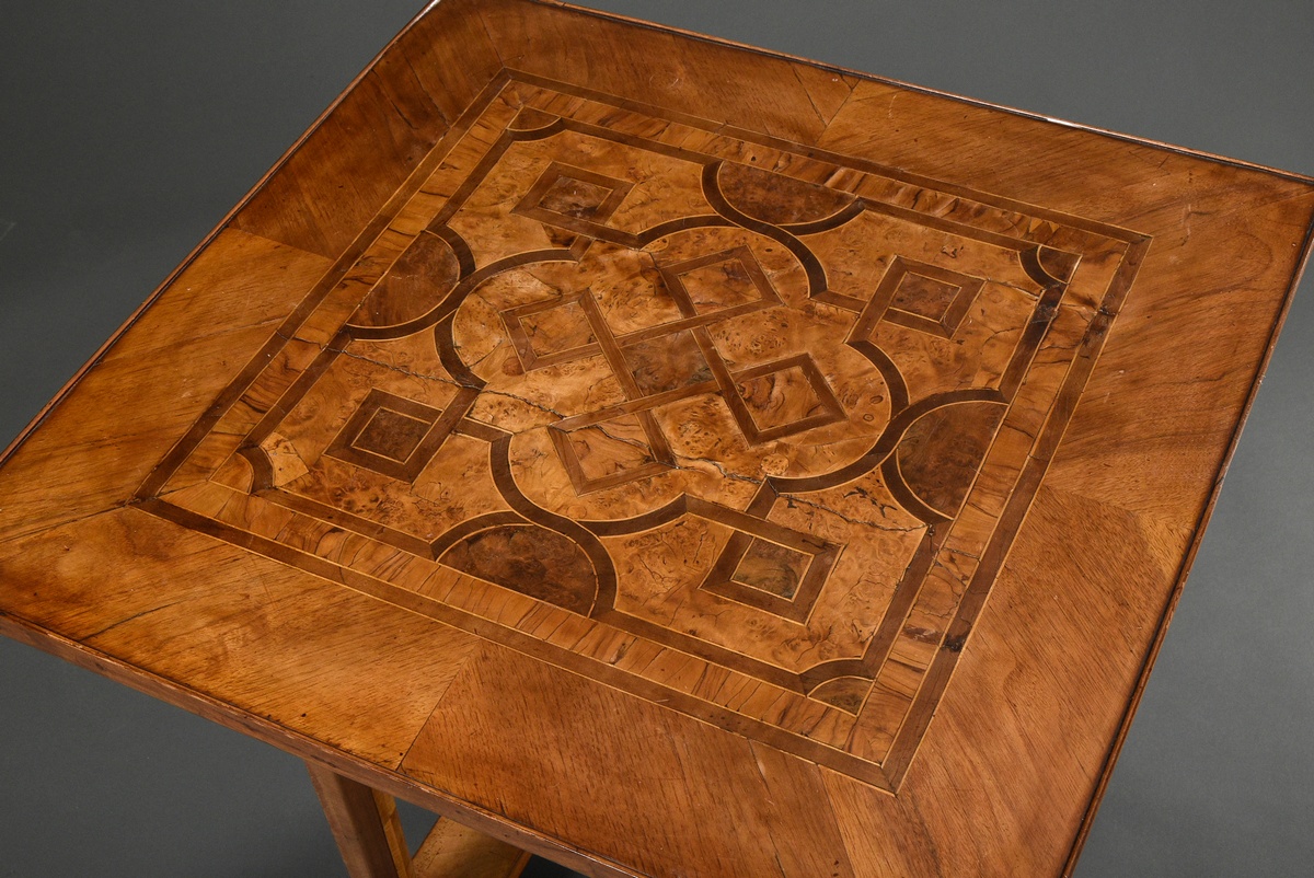 Square table with band inlays on the top and faceted legs with bar joints, hidden drawer in the fra - Image 2 of 5