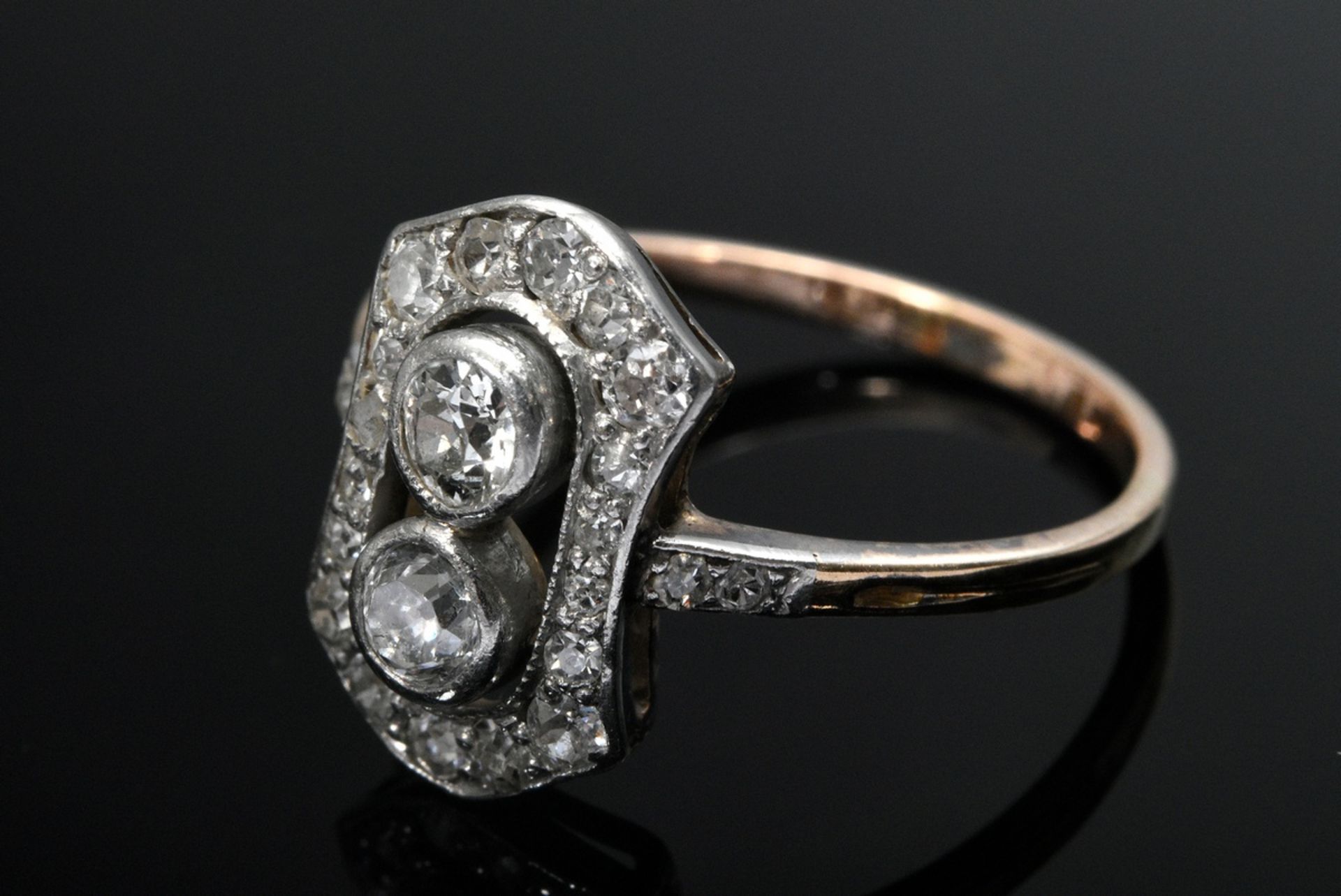 Art Deco Gelbgold 585 Ring mit platingefassten Diamanten (zus. ca. 0.40ct/SI-P/W-C), 2,1g, Gr. 52 - Bild 3 aus 4