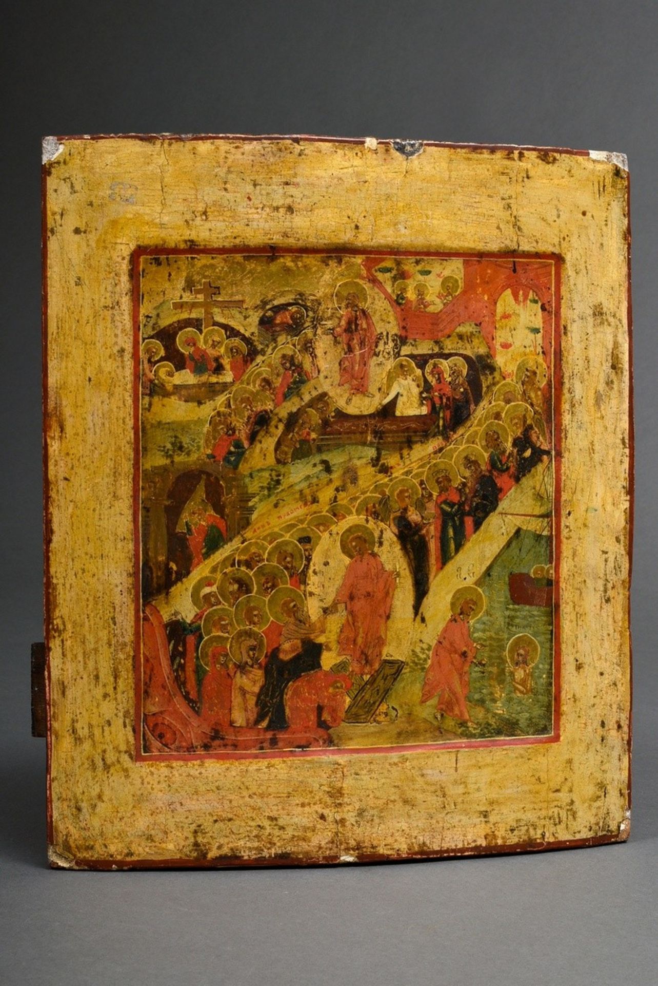 Russian icon "Anastasis" (Below, Christ tramples on the gates of the underworld and saves Adam. Beh