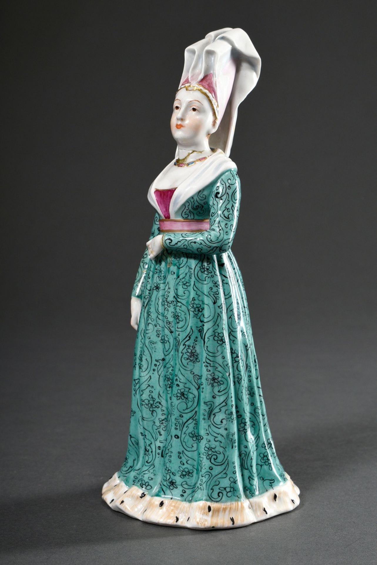 Rare porcelain figurine "Suivante de Isabeau de Bavière" (Elisabeth of Bavaria), polychrome painted