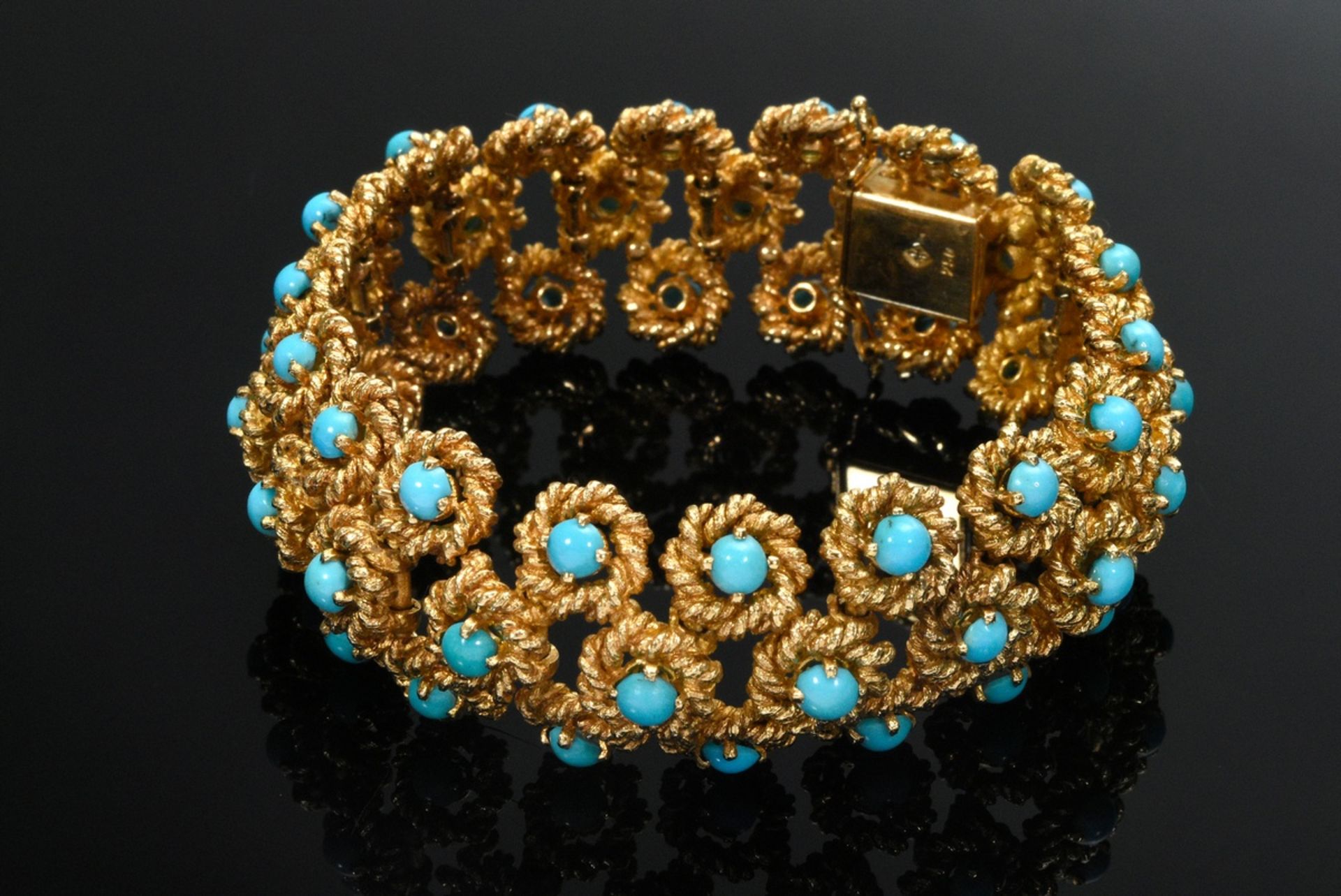 4 Various pieces of yellow gold 750 jewellery with cord strings circa 1960: turquoise sabochon neck - Image 2 of 7