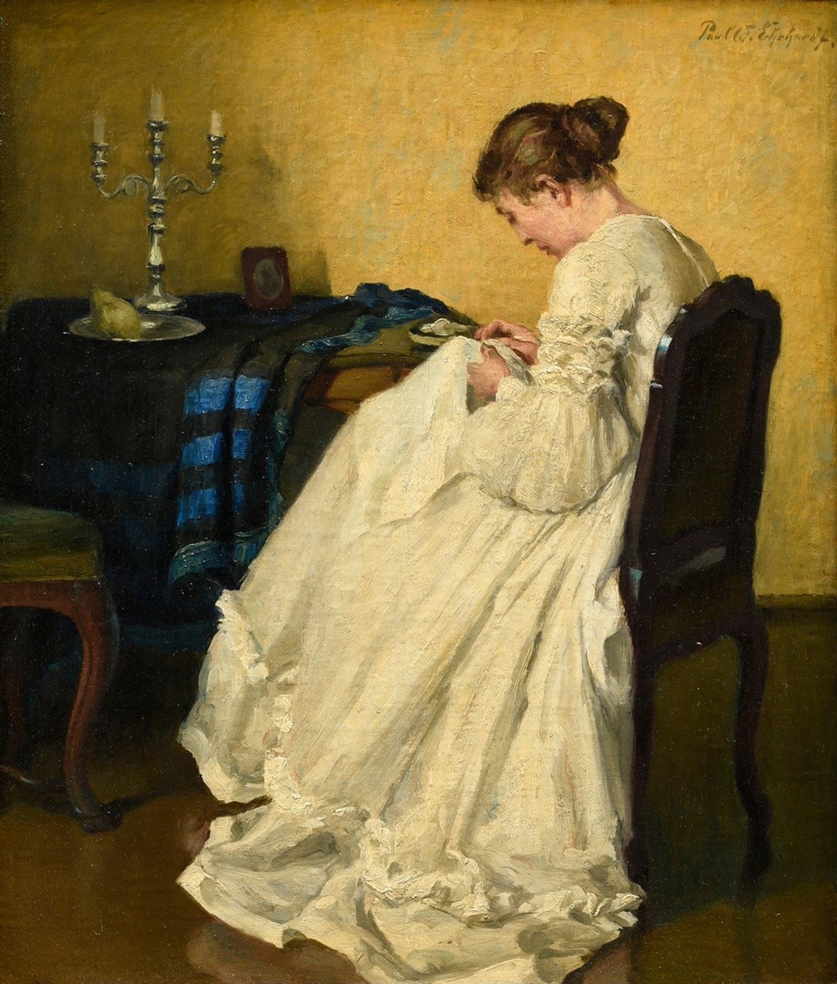 Ehrhardt, Paul Walter (1872-1959) "Sewing" 1934, oil/canvas, sign. top .r., dat./marked/tit. on ver