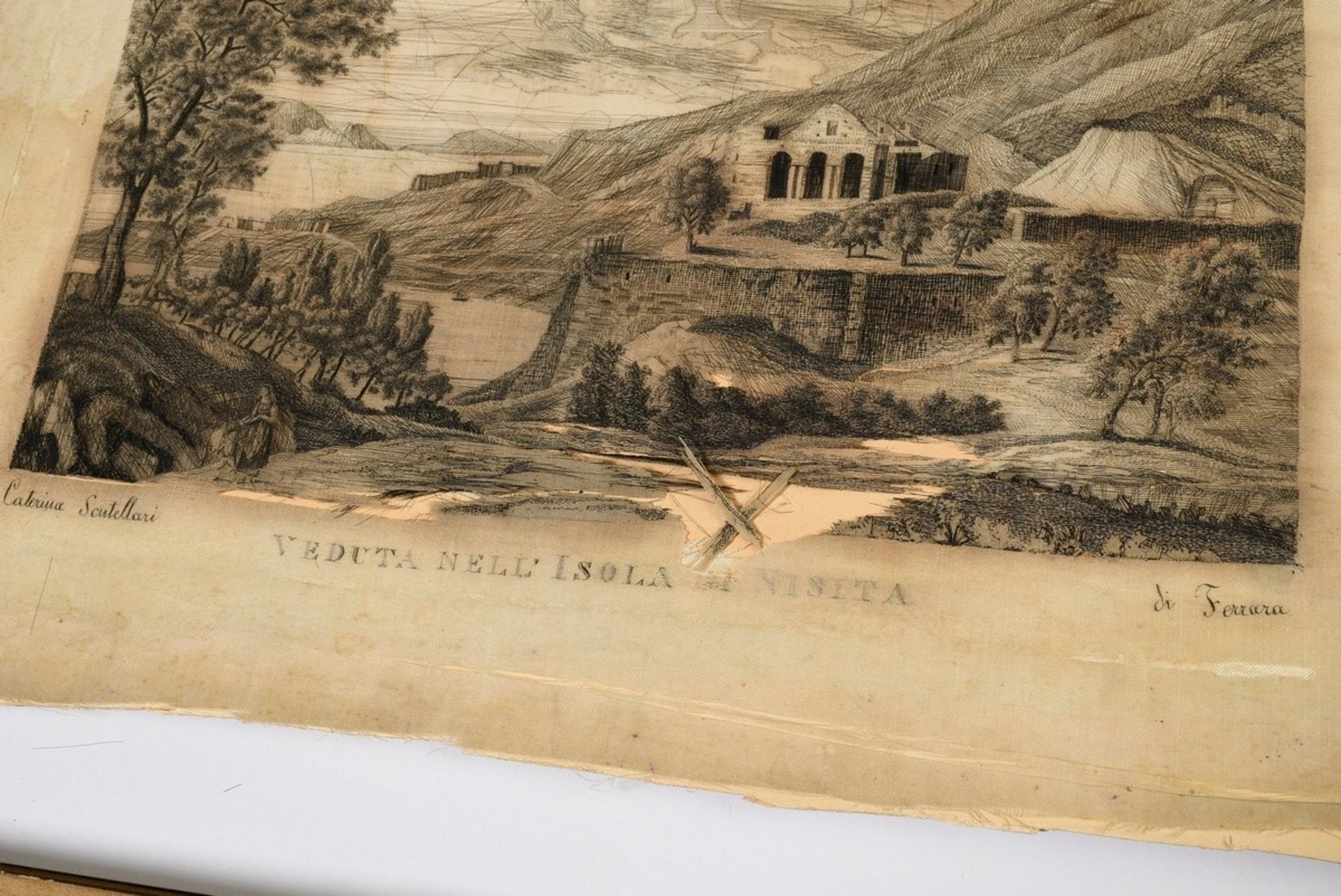 Seltene zarte Fadenstickerei in Kupferstich Trompe l'oeil auf Seide "Veduta nell'Isola di Nisita" v - Bild 4 aus 7