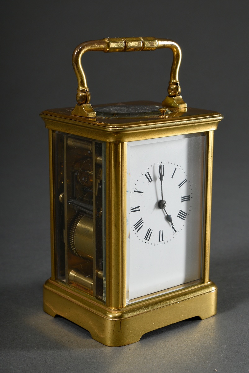 French travelling clock with enamel dial in gilded brass case glazed on all sides, movement with re - Image 2 of 10