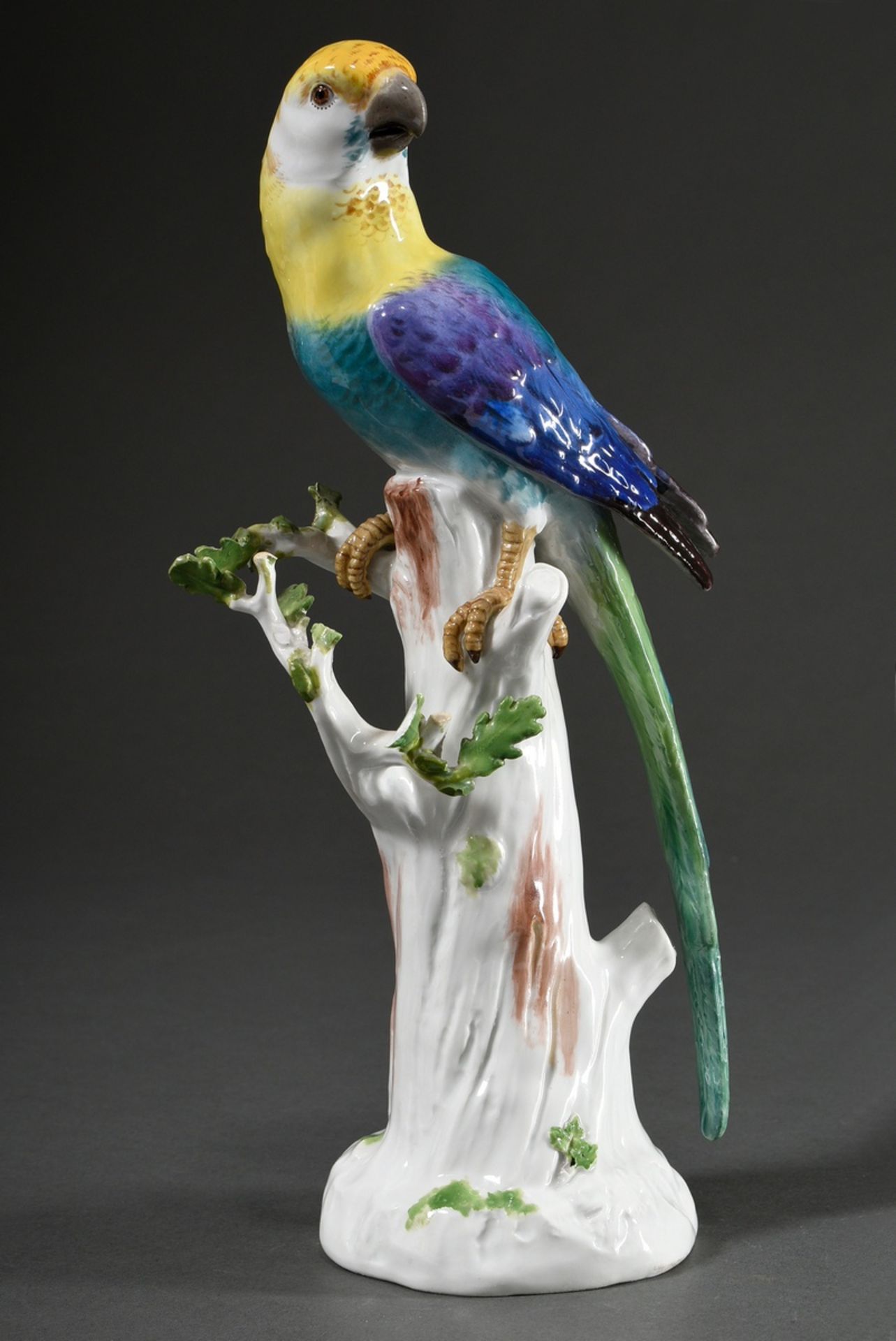 Meissen figure "Parrot on tree stump", coloured painted, model after J.J. Kaendler, incised model n