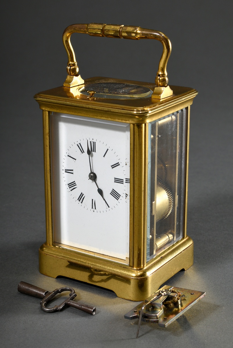 French travelling clock with enamel dial in gilded brass case glazed on all sides, movement with re