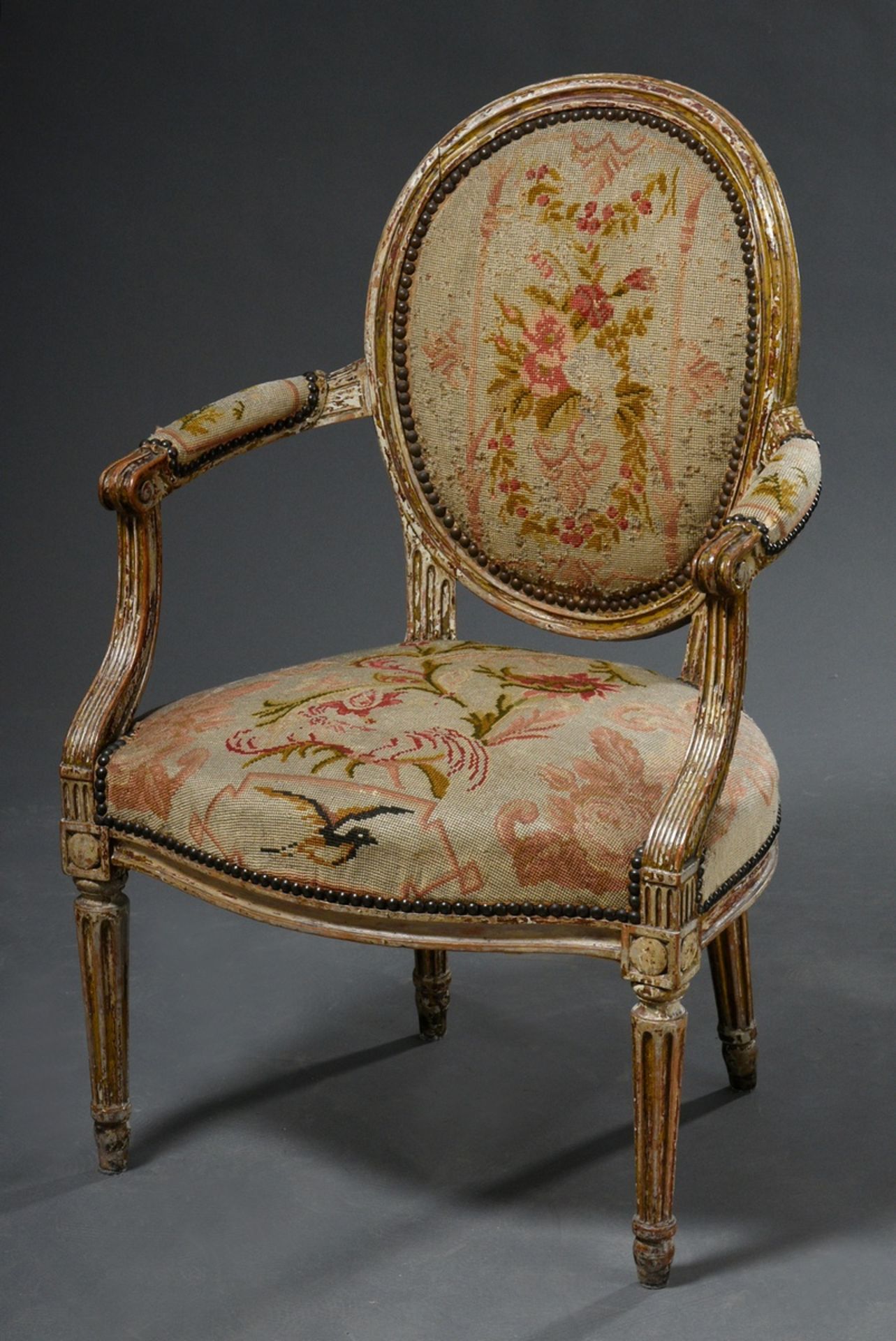Louis XVI armchair with medallion back and fluted legs and floral embroidery cover, wood with remna - Image 2 of 6