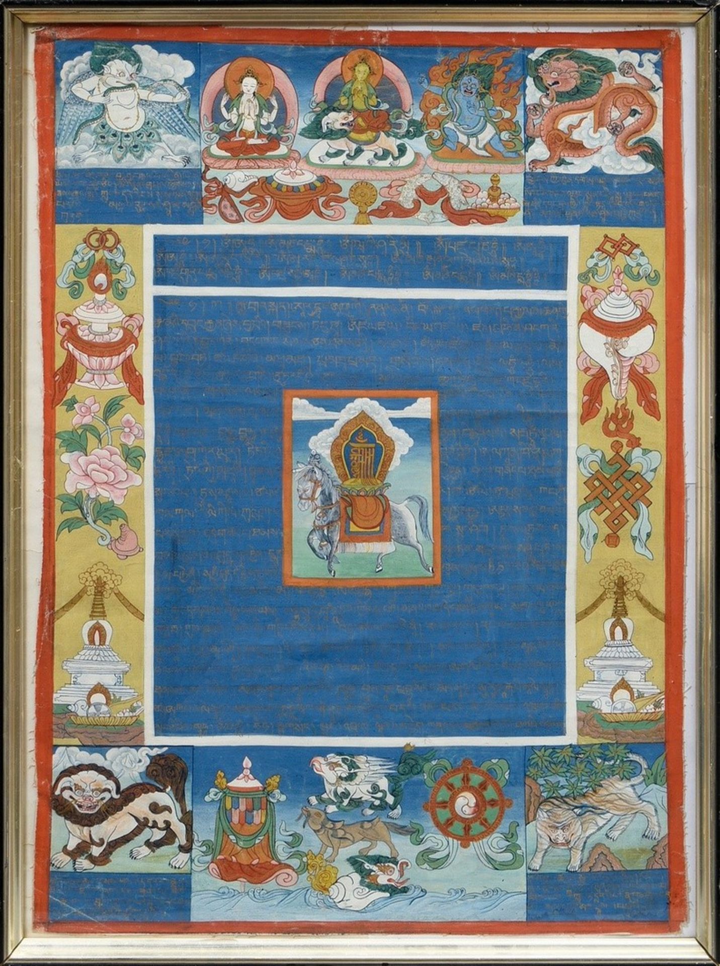 Tibetan thangka with central "Wind Horse" depiction, framed by prayer texts, Buddhist symbols, Bodh