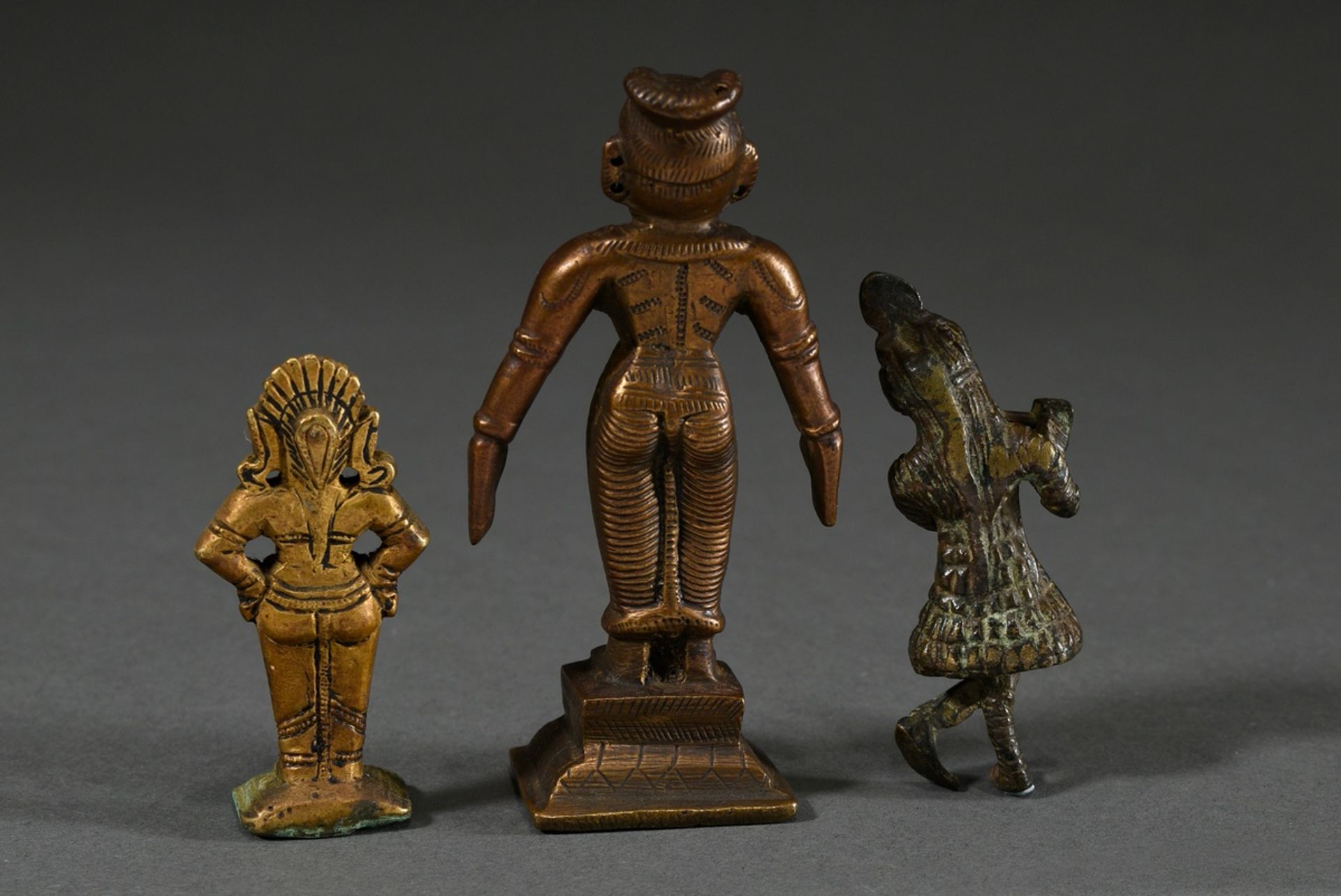 3 Various bronzes: "Radha, female deity and Krishna Venugupola playing the flute", partly fire-gild - Image 2 of 4