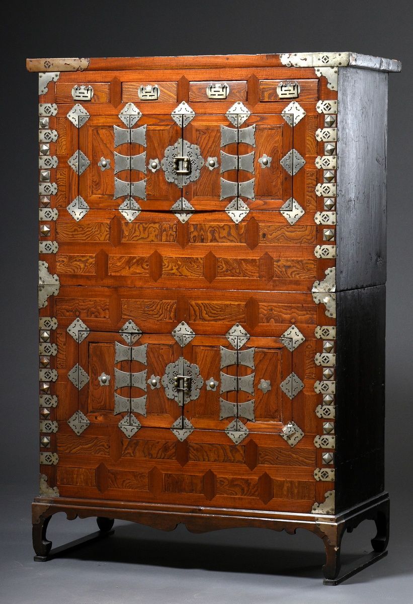 Small Korean cabinet "Icheungjang" with brass "butterfly" fittings on a coffered front with two doo