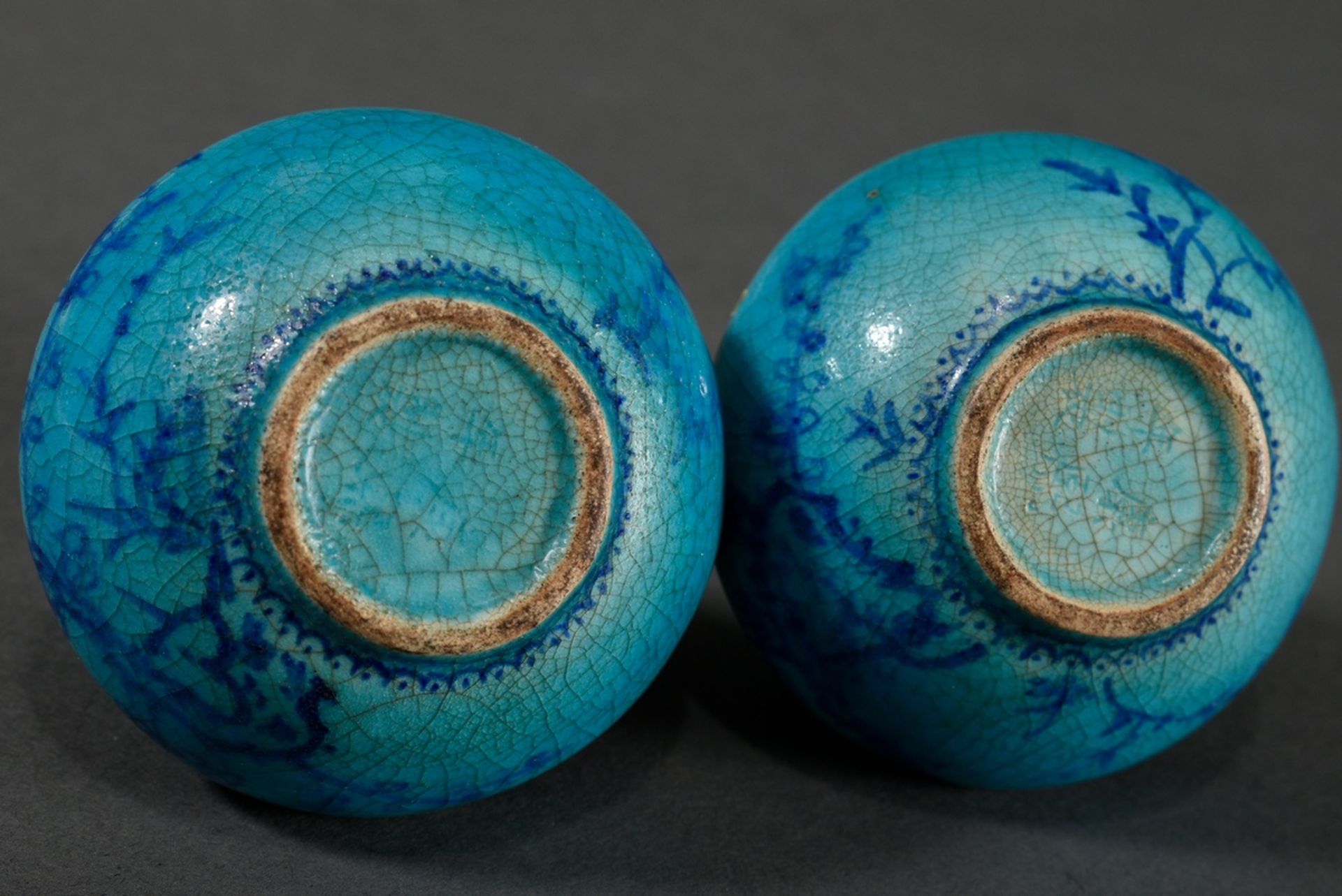 Pair of miniature porcelain vases with blue painting on turquoise crackle glaze "Blossoming Plum Tr - Image 4 of 7