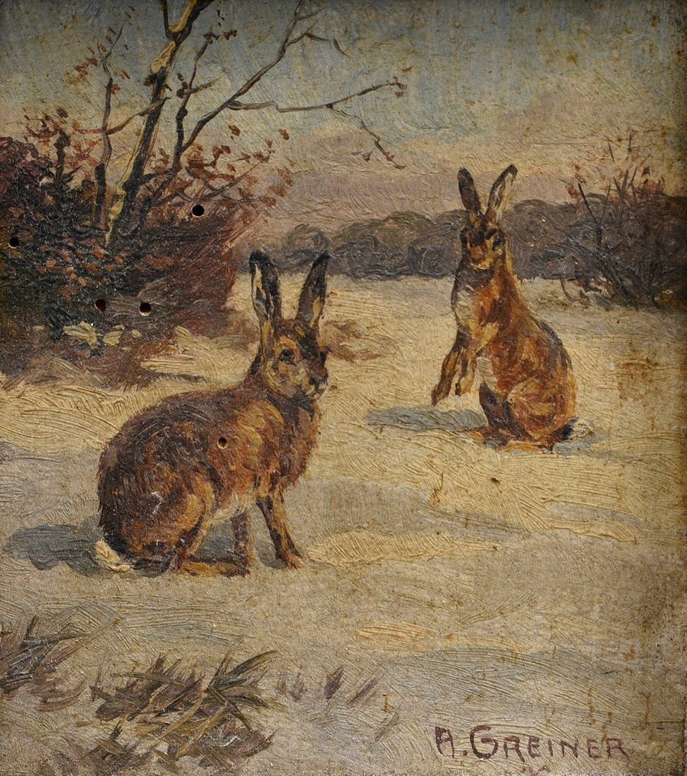 Greiner, Alois (c. 1900) "Two hares in the snow", oil/wood, u.r. sign., 9x7,8cm (w.f. 28,5x27,5cm),