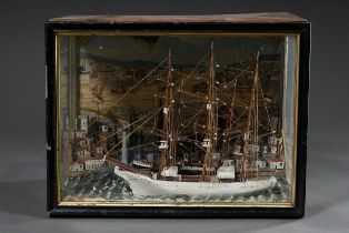 Diorama mit zwei Vollschiffmodellen "Dreimaster und Zweimaster" vor Miniaturstadt, Rückwand (Zigarr