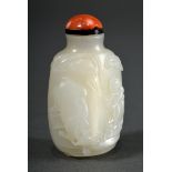 Weiße Jade Snuffbottle "Kinder, Kiefer und Ochse", fein geschnitten im Hochrelief, gut gehöhlt, Stö