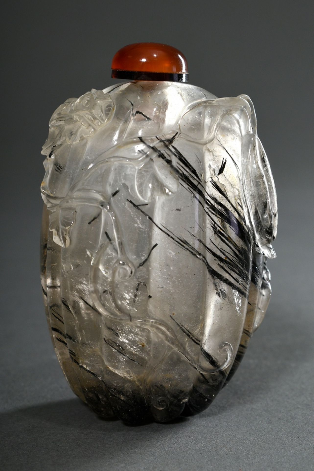 Exceptional rock crystal snuffbottle with rutile needles in gourd form with sculptural cut "blossom - Image 2 of 5