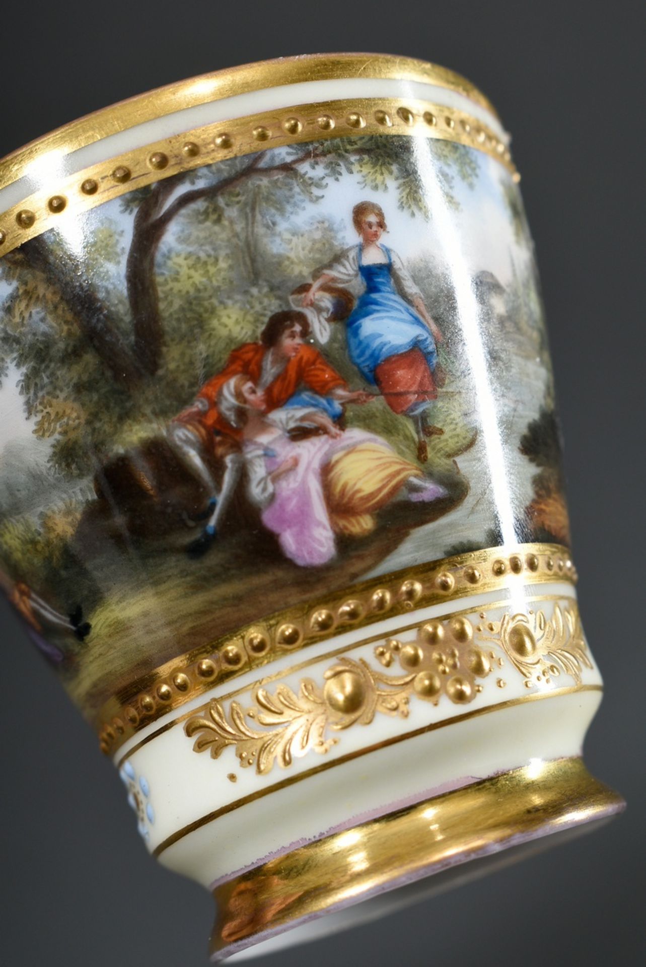 Dresden demitasse/saucer with polychrome painting " Watteau scene" and rich relief gilding on a lig - Image 4 of 7