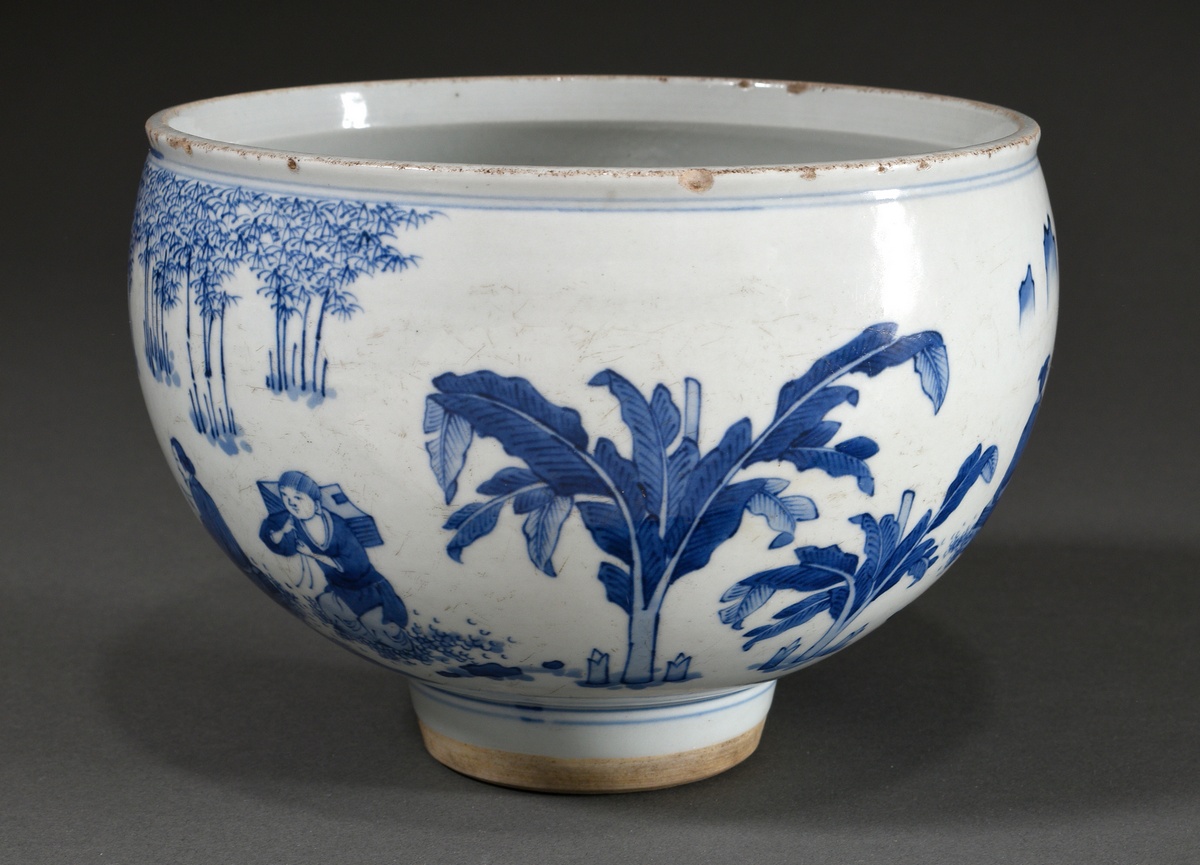 Hemispherical foot-bowl with blue painting "Scholars in Garden", China, h. 16cm, rim bumped, rubbed - Image 3 of 5