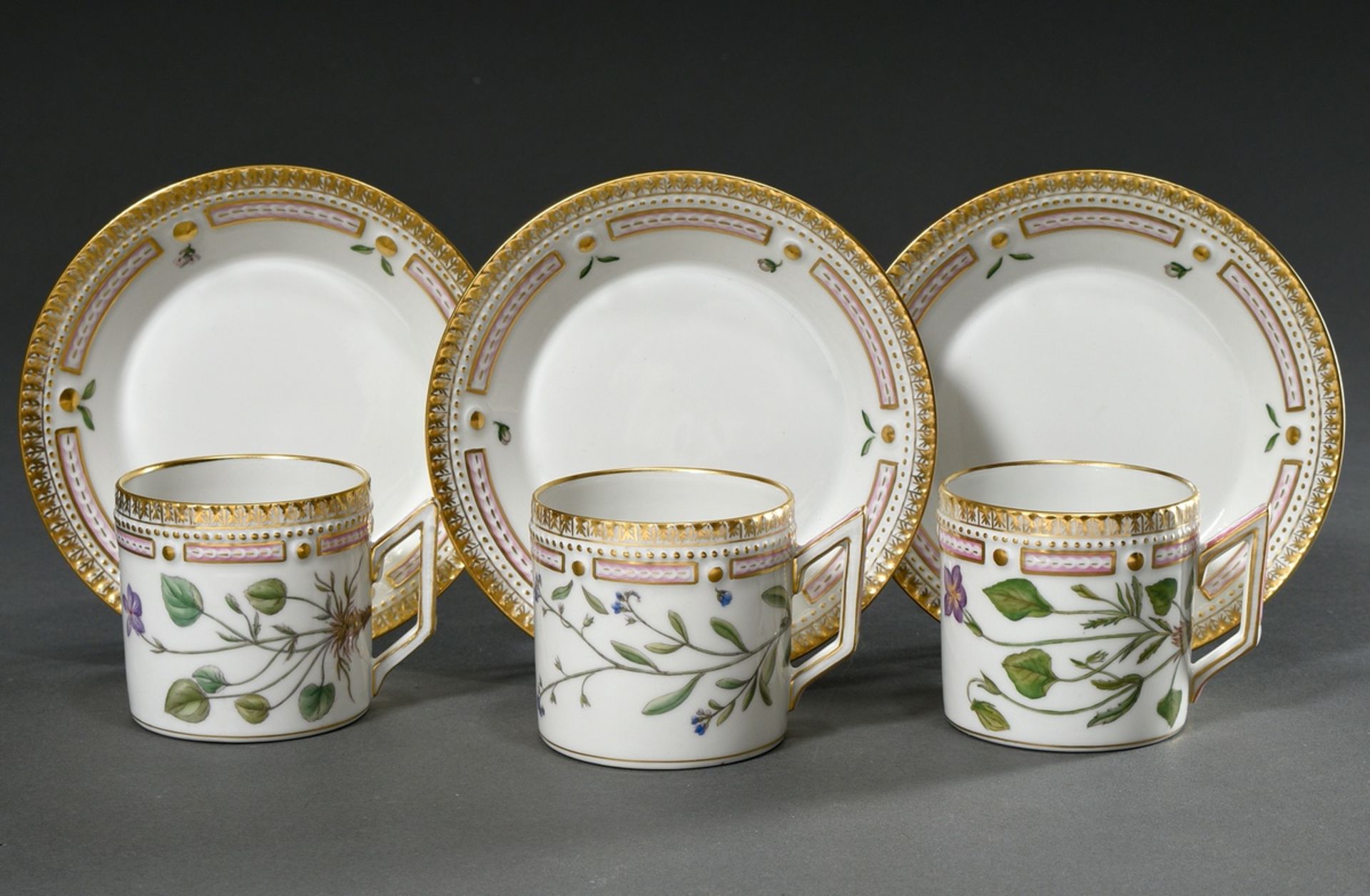 3 Royal Cophenhagen "Flora Danica" coffee cups/saucers in cylindrical form with circular polychrome