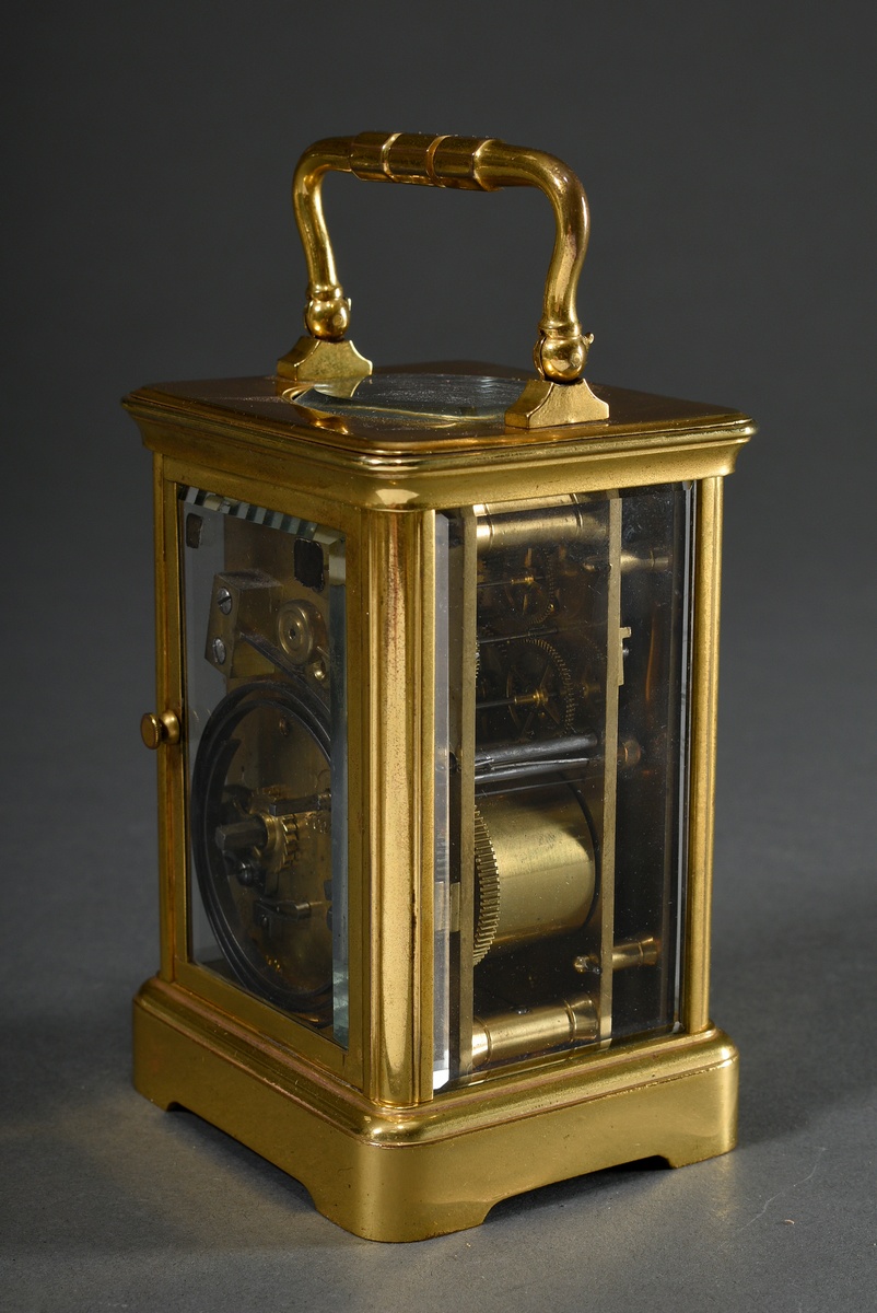 French travelling clock with enamel dial in gilded brass case glazed on all sides, movement with re - Image 4 of 10