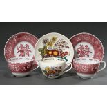 3 Spode Steingut Jumbotassen/UT mit rötlichen Dekoren "Pink Camilla" und "Reynolds", 20.Jh., H. 9cm