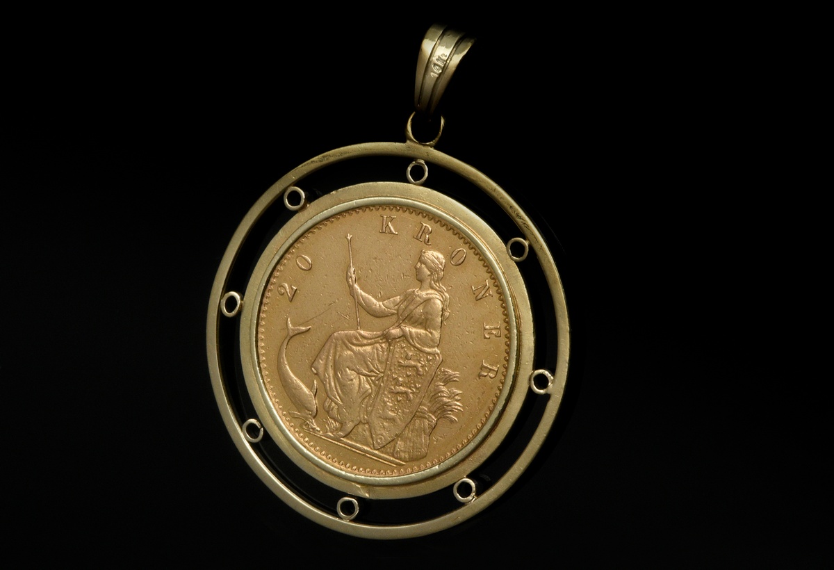 Yellow gold 900/585 coin pendant "20 Kroner, Christian IX King of Denmark, 1877"