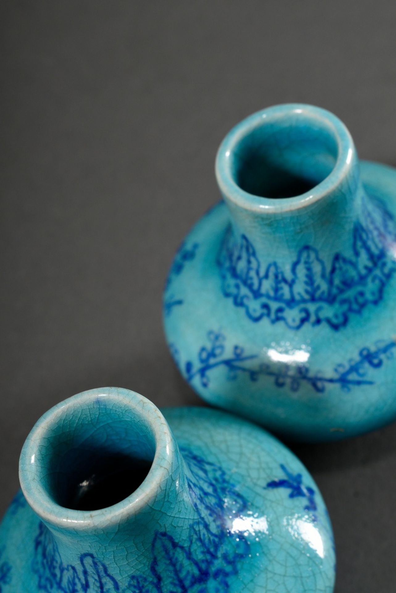 Pair of miniature porcelain vases with blue painting on turquoise crackle glaze "Blossoming Plum Tr - Image 3 of 7
