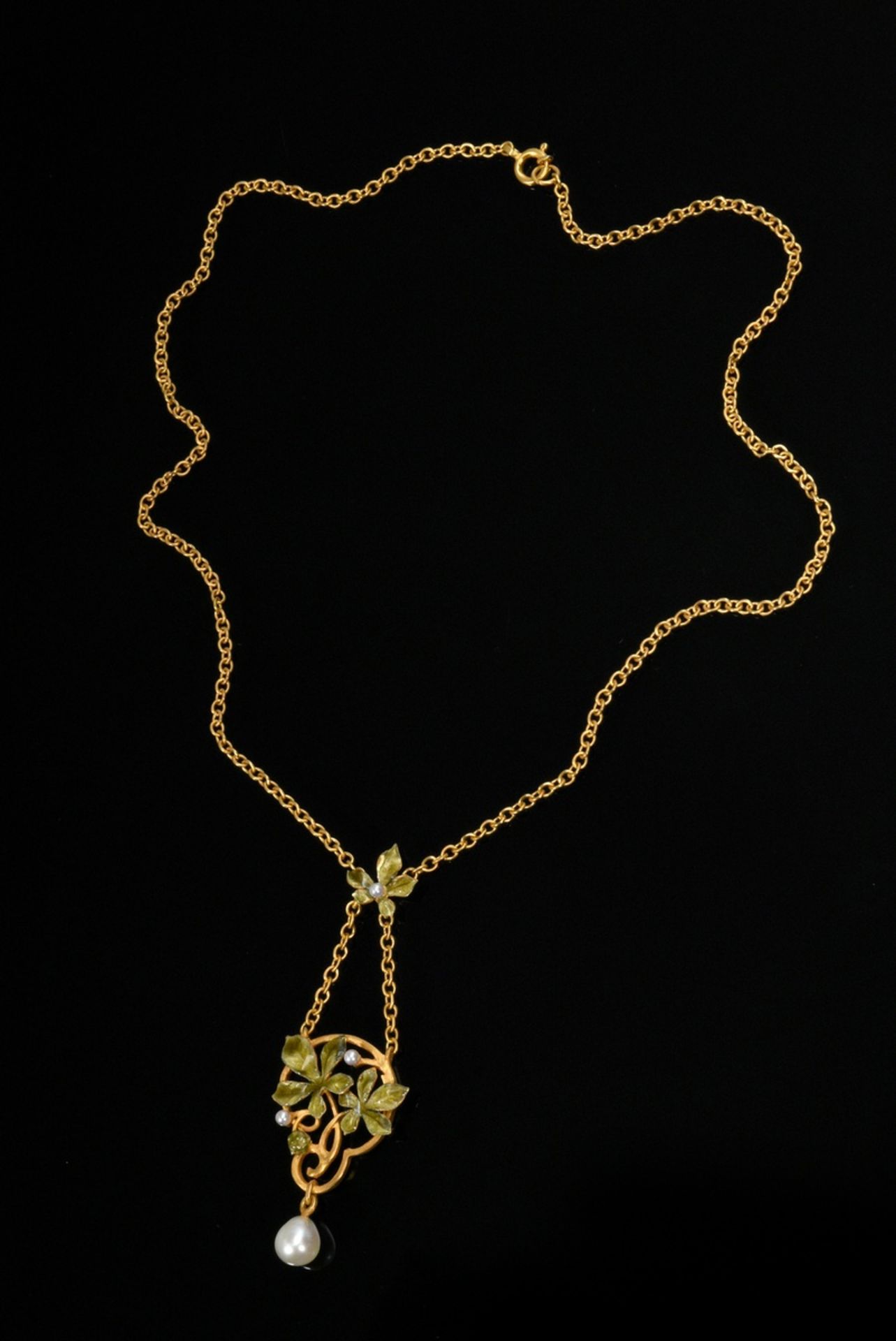 Zartes Gelbgold 750 Collier im Art Nouveau Stil mit Zuchtperlen und emaillierten Blättern, 10,8g, L - Bild 2 aus 2