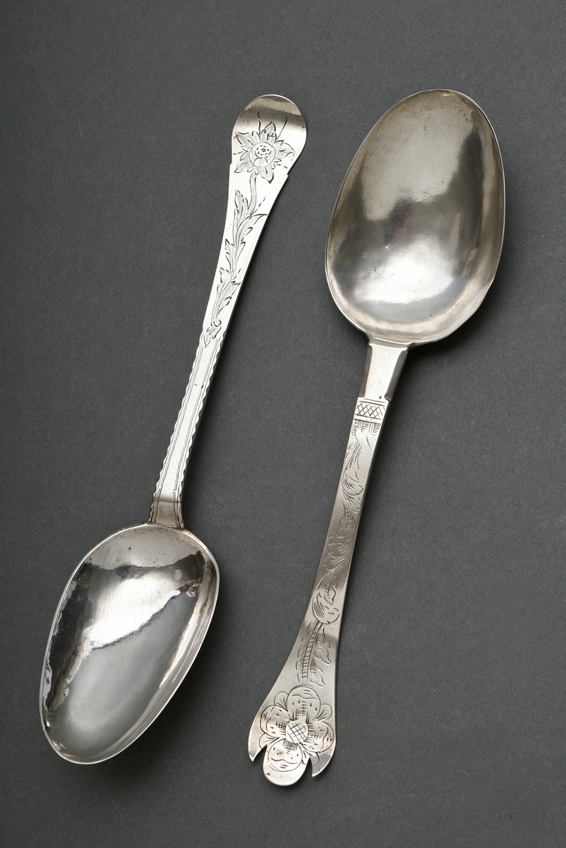 2 Various baroque spoons with floral sawn handles, floral engraving and engraved owner's note on th