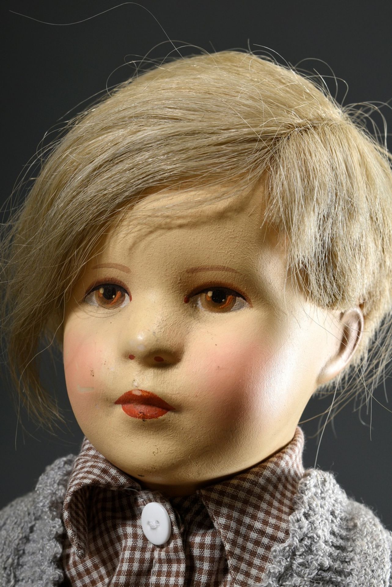 Käthe Kruse doll "Friedebald", mass crank head with real hair wig, nettle body, in traditional cost - Image 2 of 6