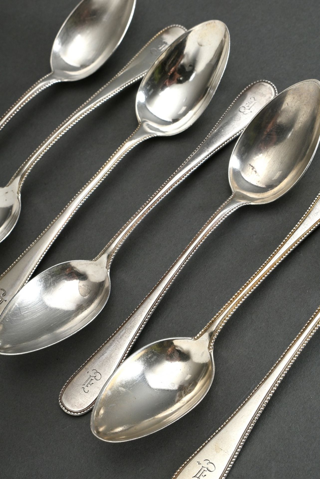 7 teaspoons with pearl pattern and monogram engraving "I", Wilkens & Söhne/ Bremen, jeweller's mark
