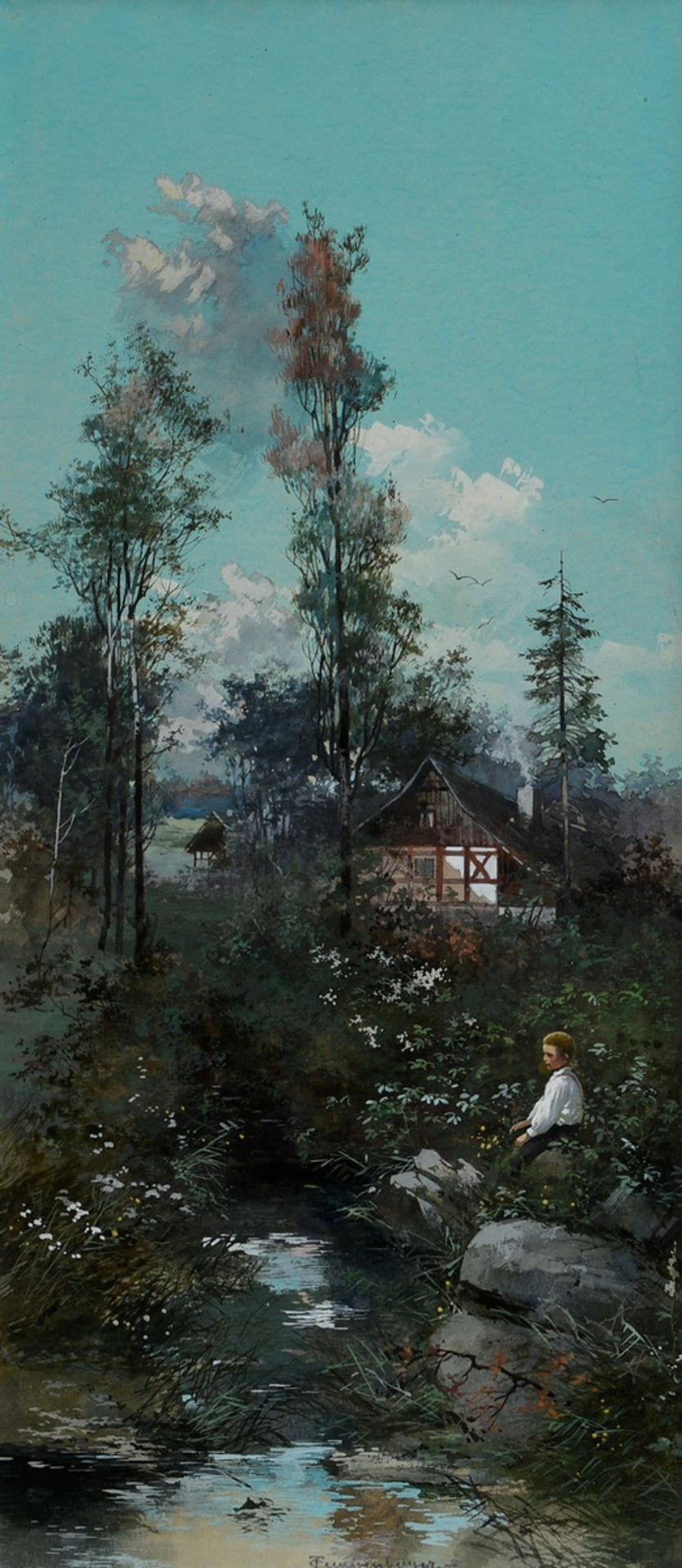 2 Guggenberger, Thomas (1815-1882) "Knabe am Bach vor einem Haus" und "Parkeingang im Sonnenunterga - Bild 3 aus 7
