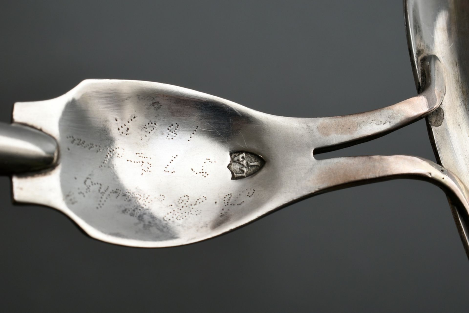 North German Biedermeier ladle with black turned wooden handle, floral engraving, engraved owner's  - Image 3 of 4