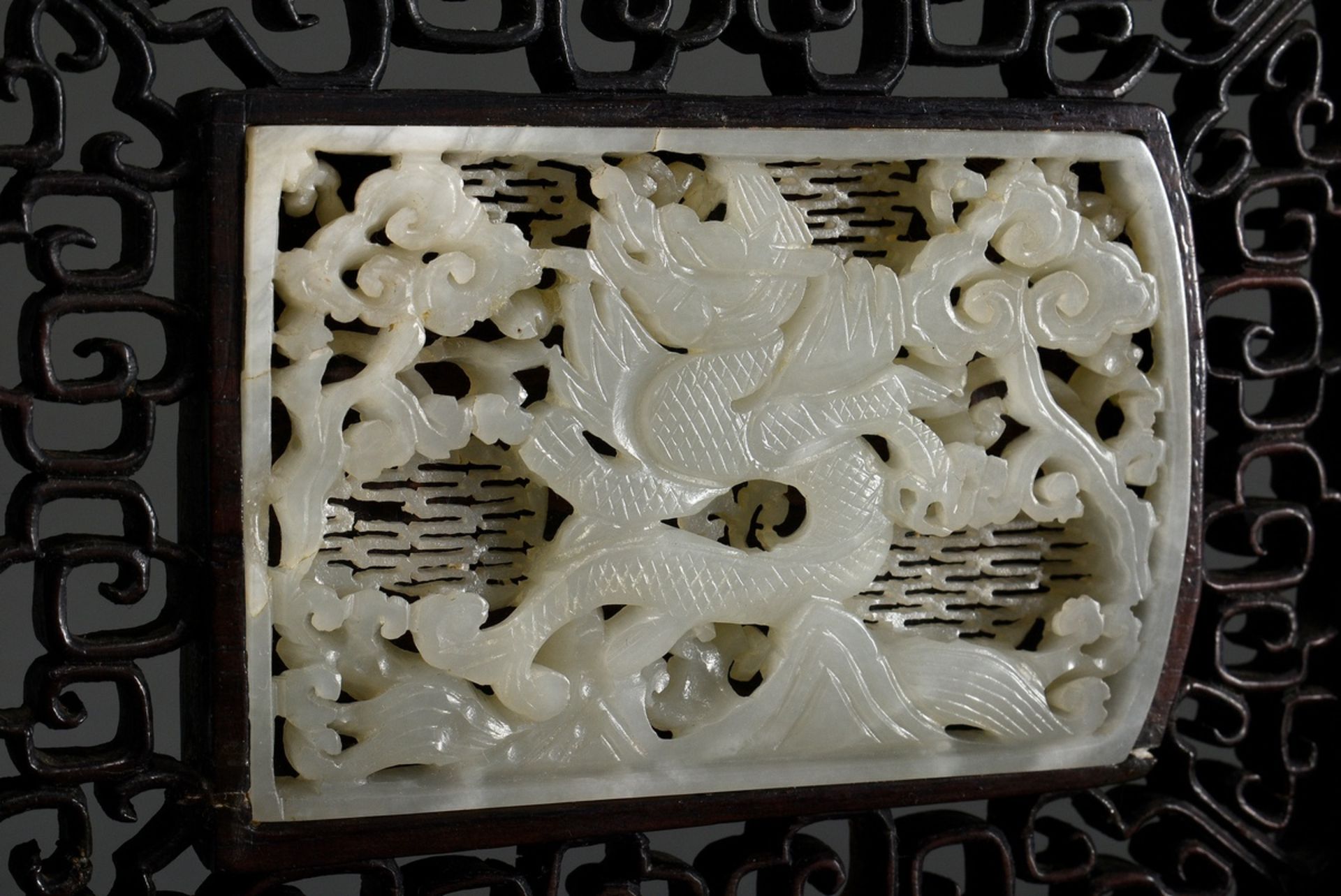 Miniature rosewood table stand, filigree openwork, with inset jade plaque "Dragon above mountains a - Image 2 of 4