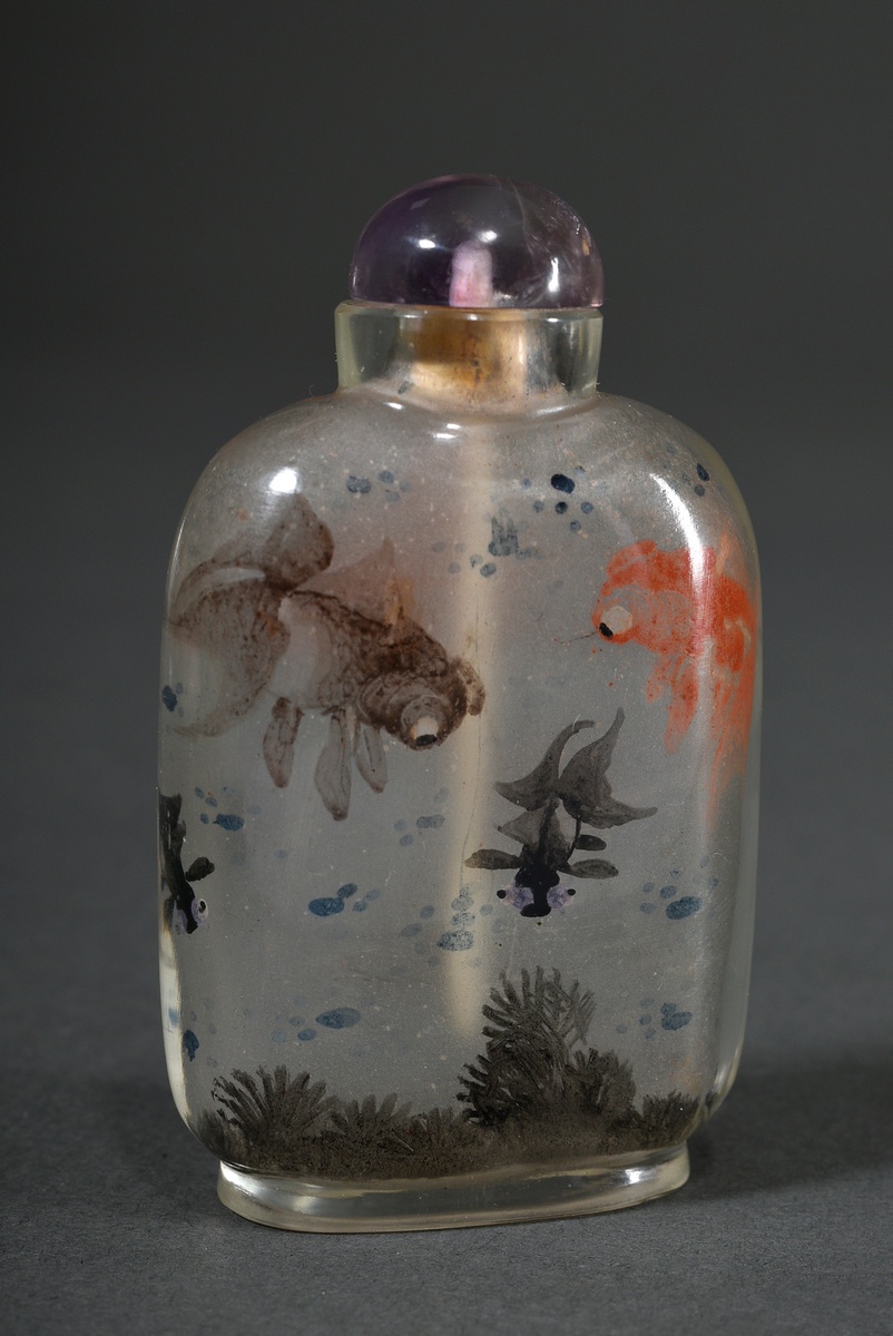 Glass snuffbottle with fine Neihua interior painting "6 veil tails in water", h. 7.2cm