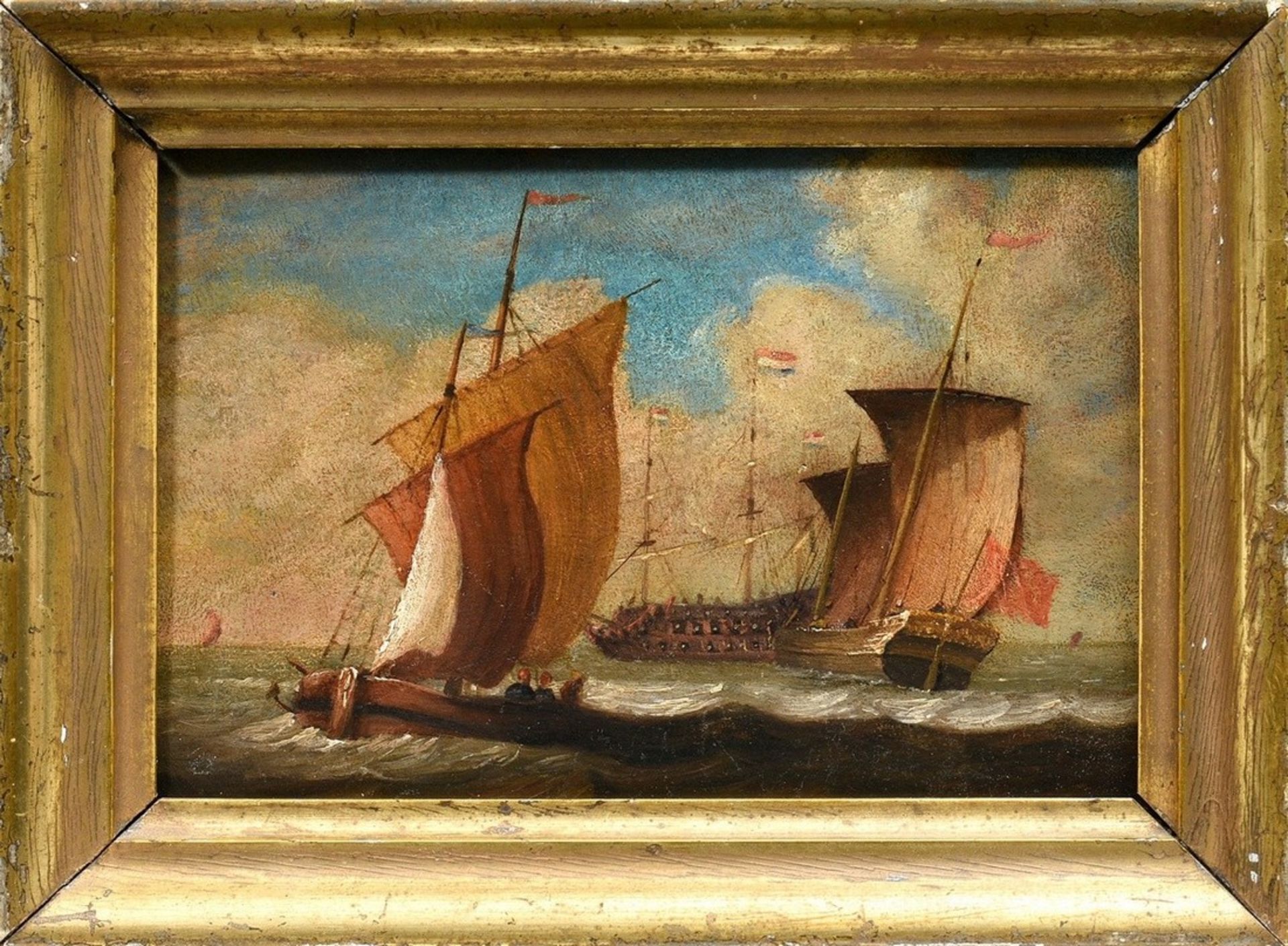 Unbekannter niederländischer Maler des 18./19.Jh. "Fregatte und Segler auf See", Öl/ Kupfer, 18x12c - Bild 2 aus 3