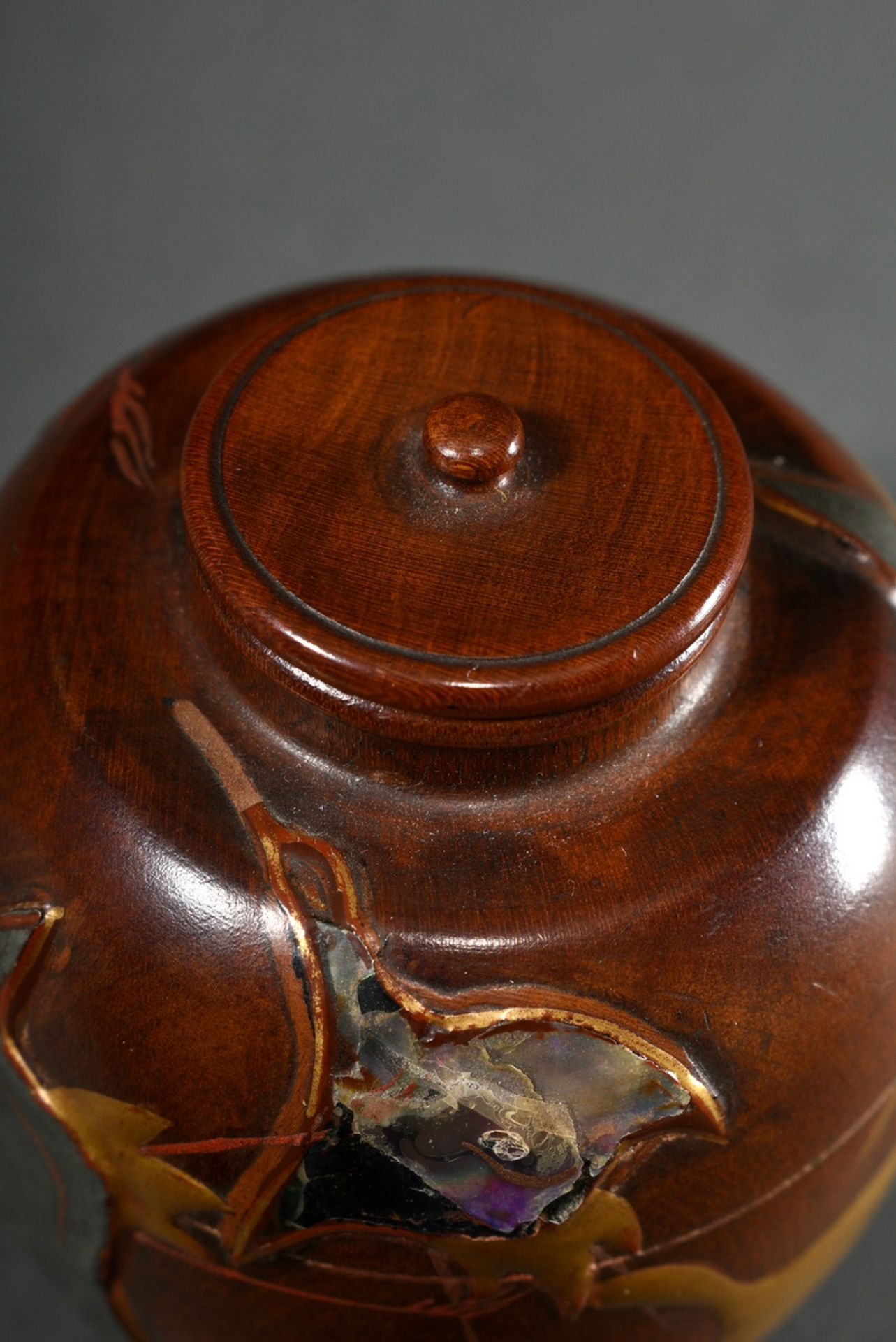 Japanese boxwood "Natsume" tea caddy with lacquer and mother-of-pearl inlays "7 Cranes", Meiji/Show - Image 5 of 6
