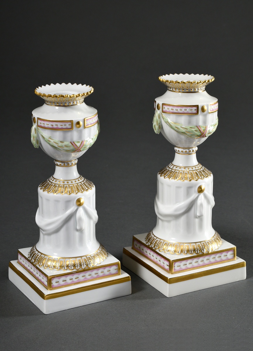 Pair of Royal Copenhagen "Flora Danica" candlesticks in Louis XVI style with sculptural festoon han