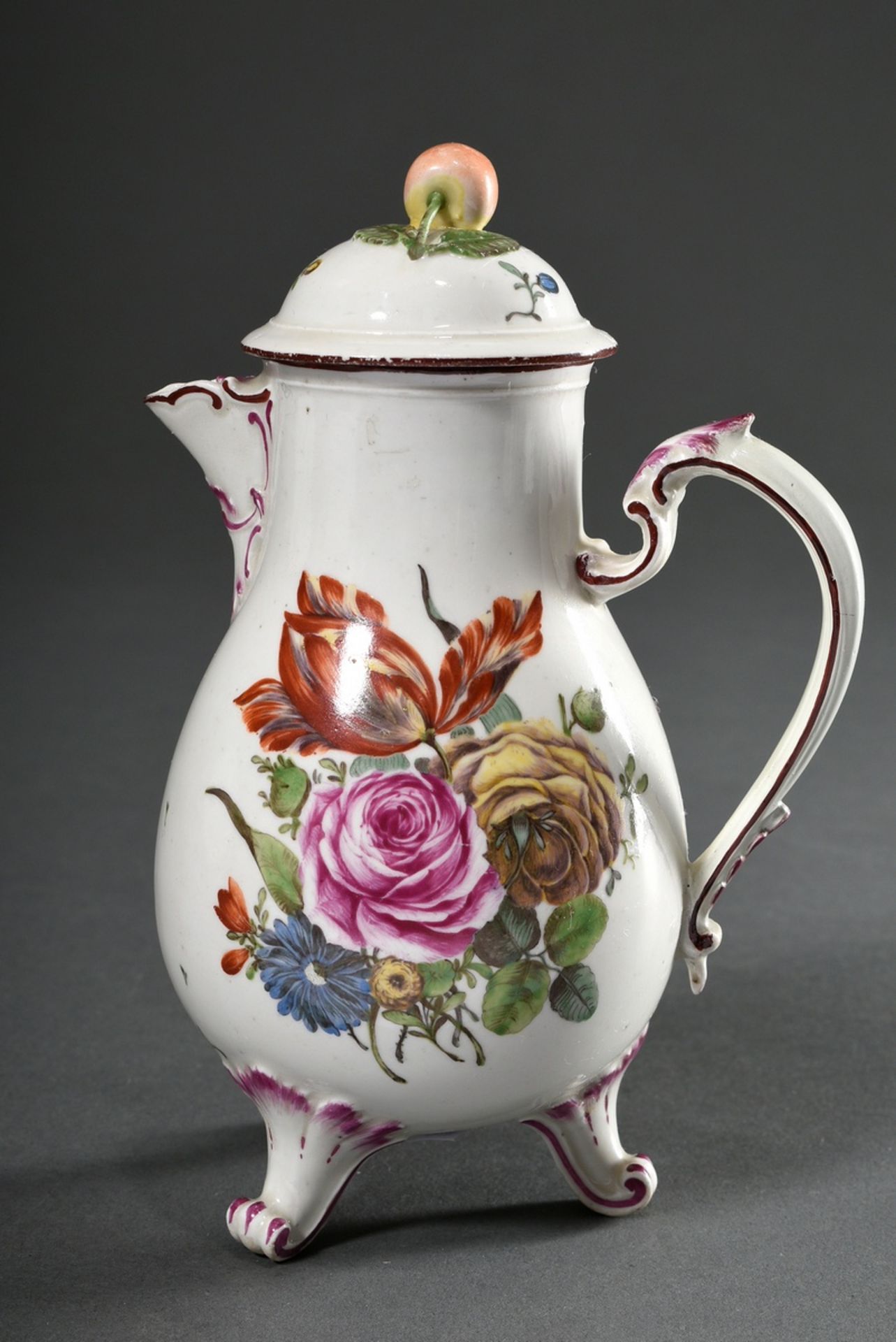 2 pieces of Ludwigsburg porcelain with polychrome floral painting and purple rim, 18th century: fou - Image 2 of 9