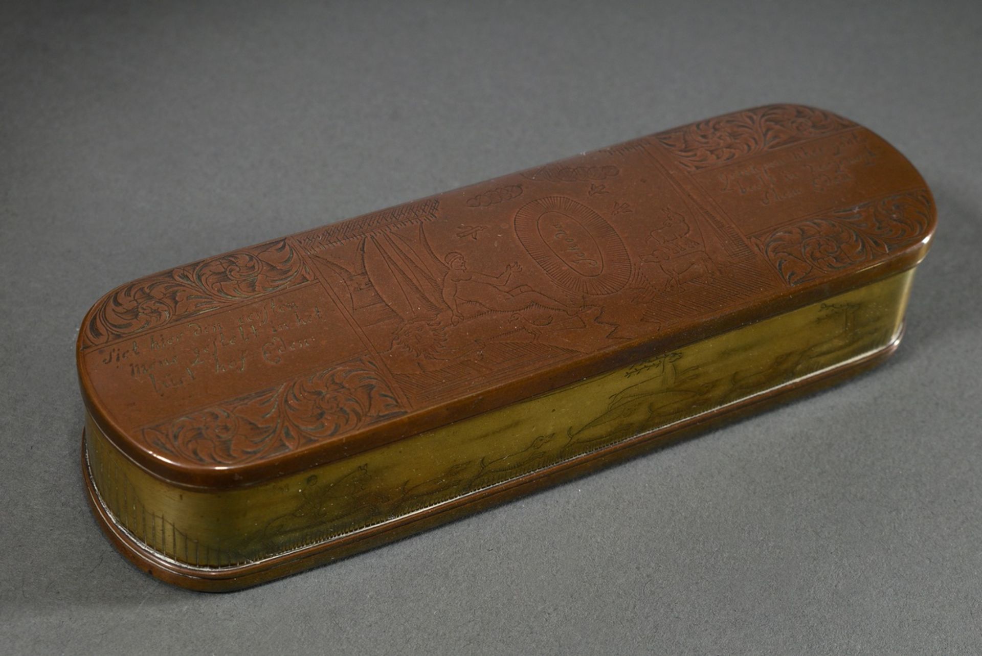 Brass tobacco box with detailed engraving "Creation of Adam" and saying "Siet hier den eersten mens - Image 2 of 9