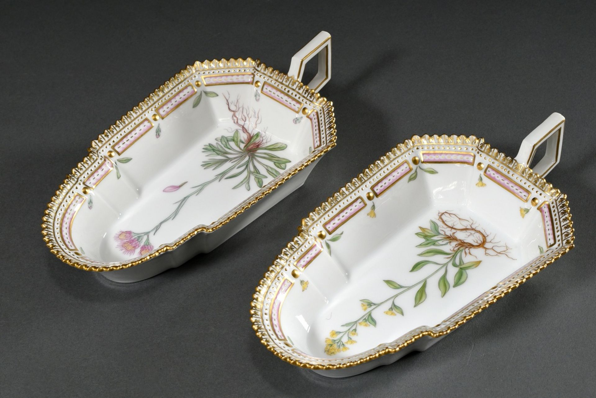 A pair of Royal Copenhagen "Flora Danica" bowls with polychrome painting and gold decorated serrate