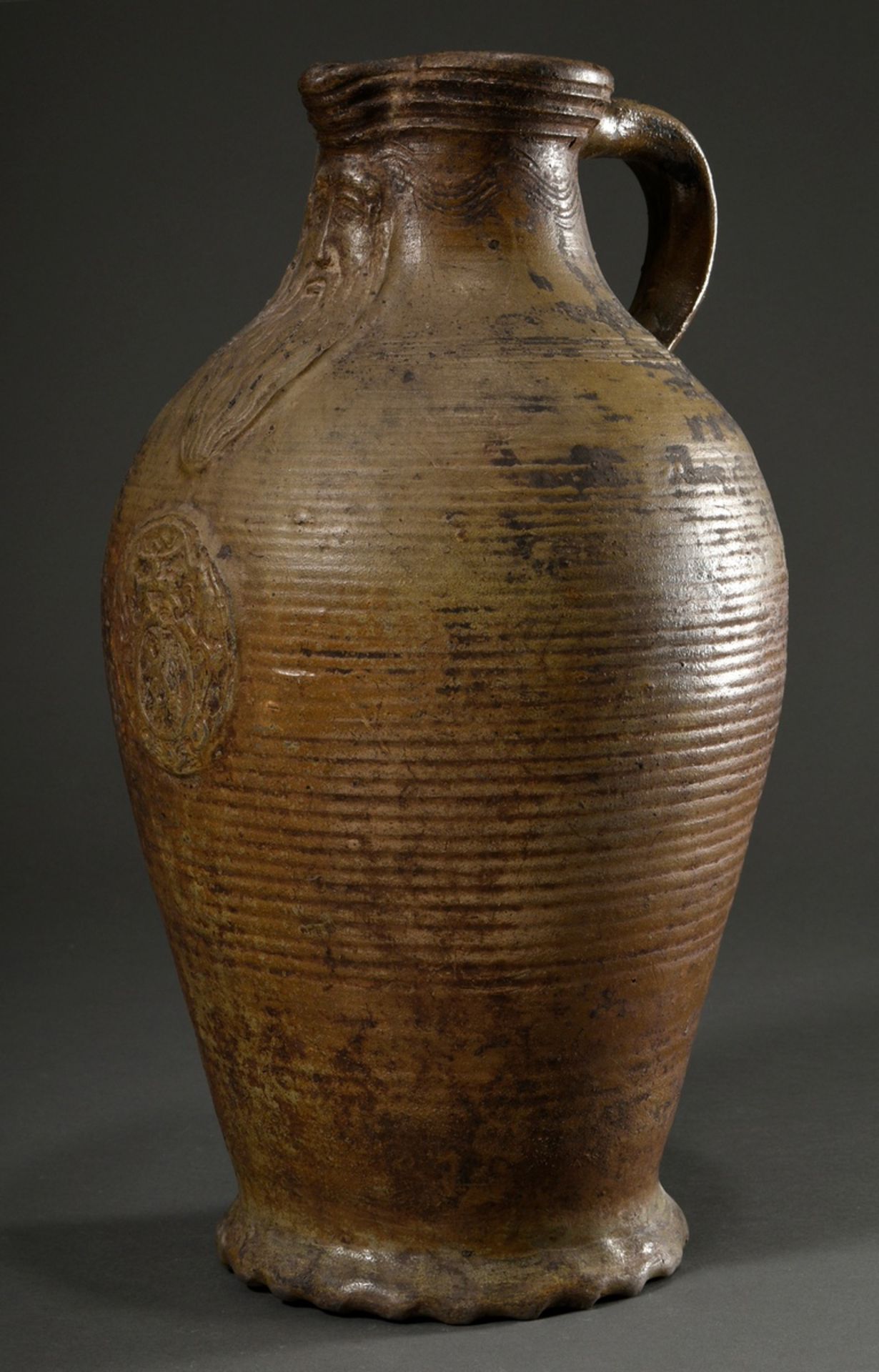 A large Pötzkanne or Bartmann jug with remnants of light brown salt glaze and "Bartmann mask" decor - Image 2 of 12