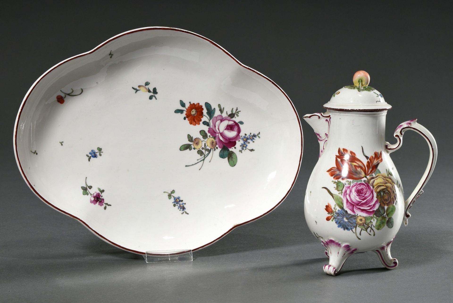 2 pieces of Ludwigsburg porcelain with polychrome floral painting and purple rim, 18th century: fou