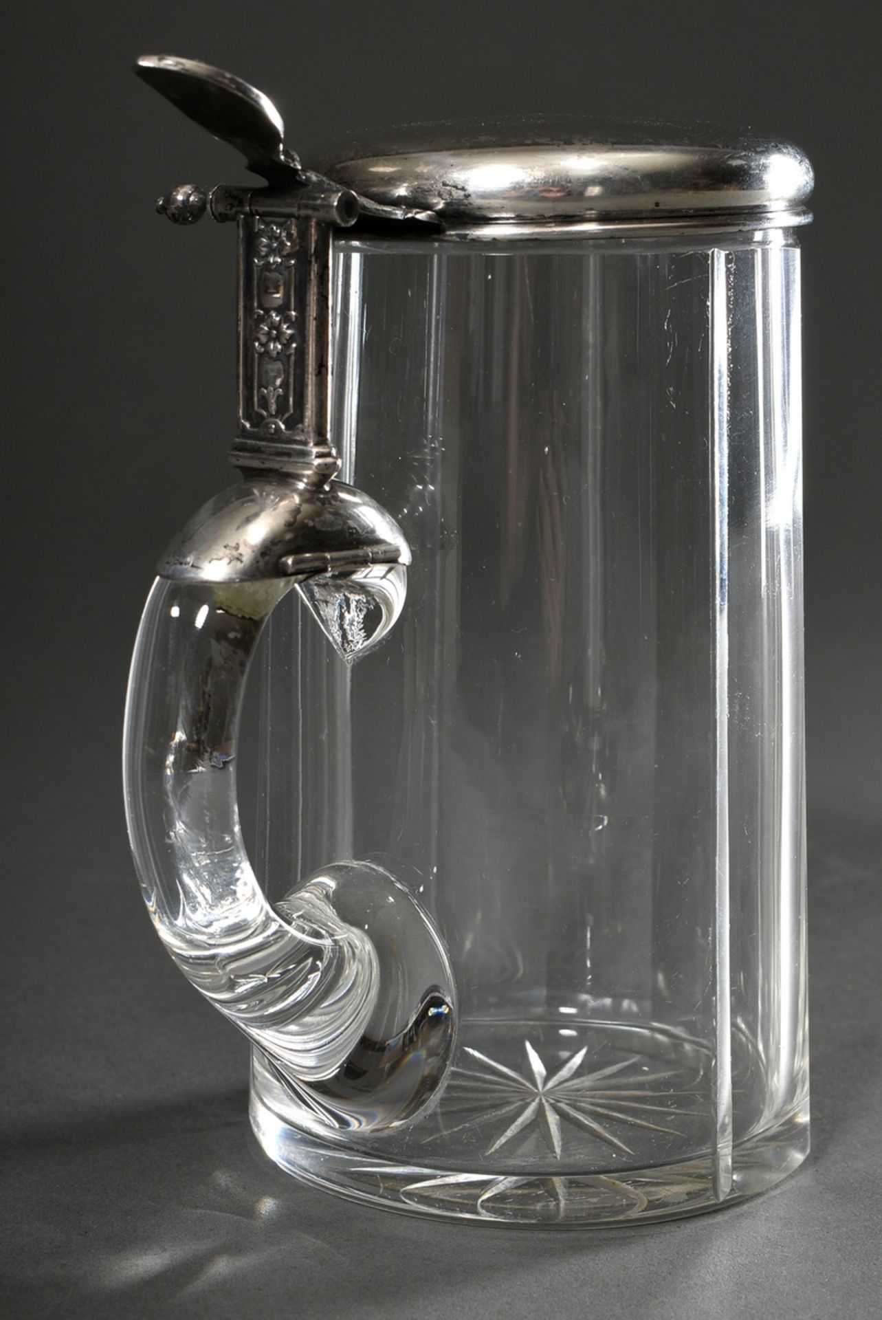 Glas Humpen mit Flächenschliff und Silber 800 Deckelmontur mit Historismus Dekor, Eichstrich 0,5L,  - Bild 2 aus 8