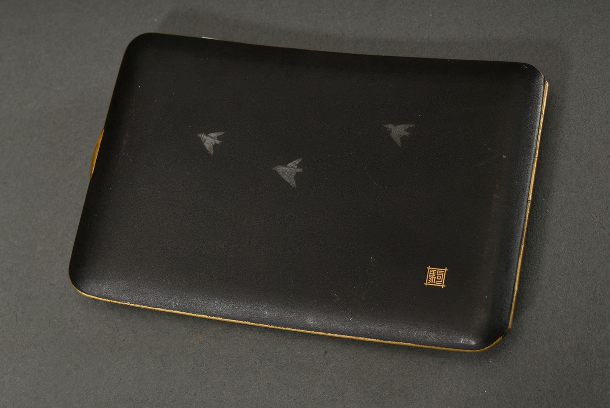 Cigarette case in Komai style "sparrow and bird of prey on pine", blackened iron with fine shakudo, - Image 2 of 4