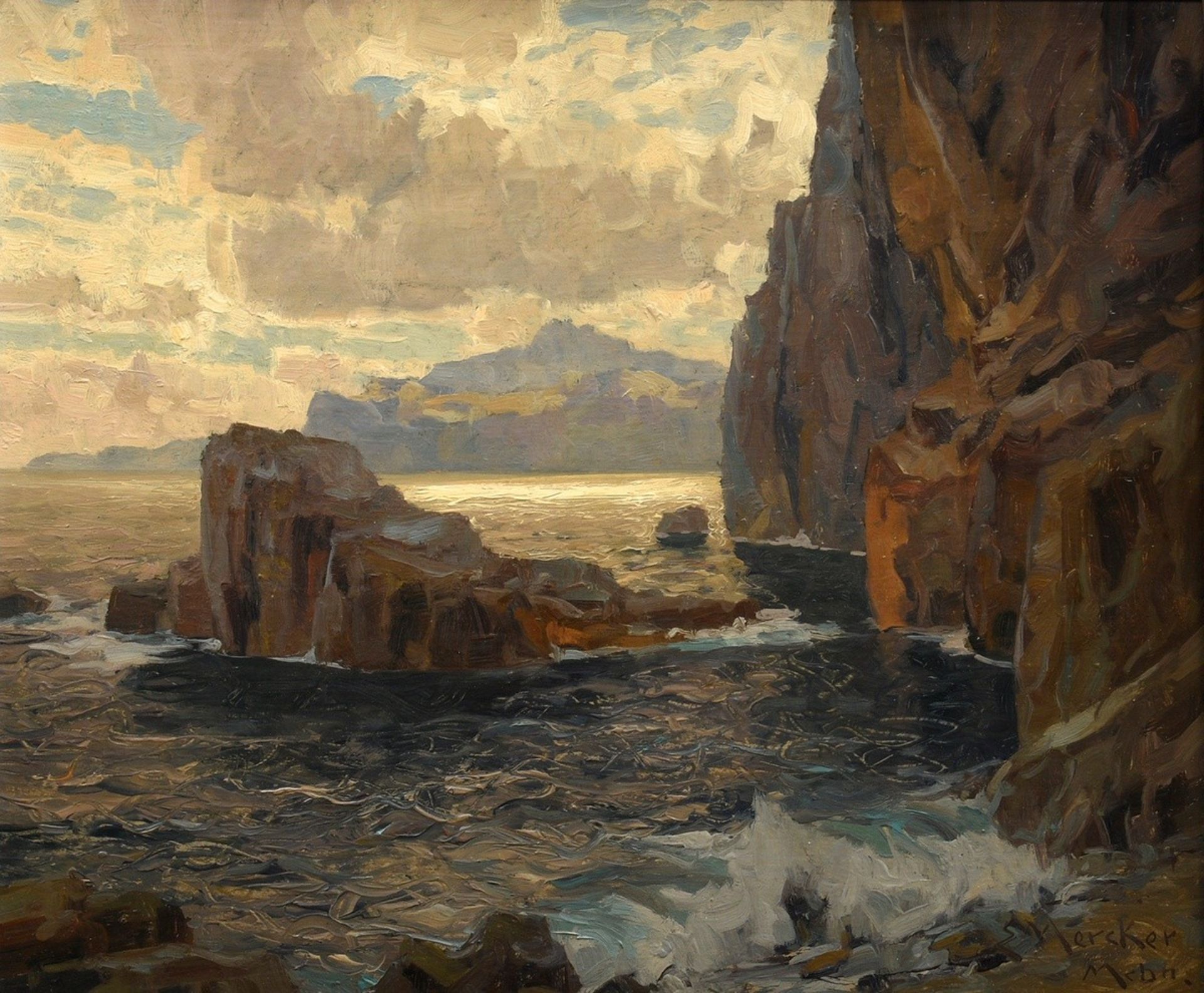 Mercker, Erich (1891-1973) „Felsige Küste“, Öl/Platte, u.r. sign./bez., 50,5x61cm (m.R. 60x70,5cm)