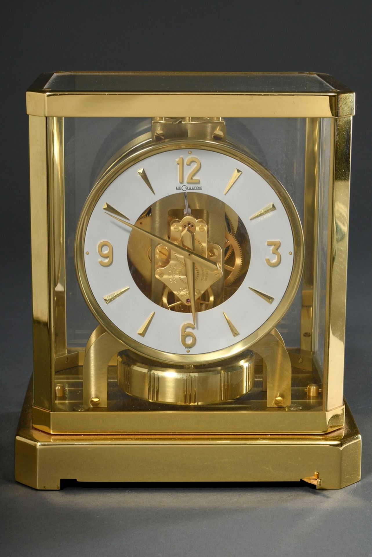 Jaeger Le Coultre "Atmos" table clock, glazed gold-plated brass case, movement number 196633, 23.5x