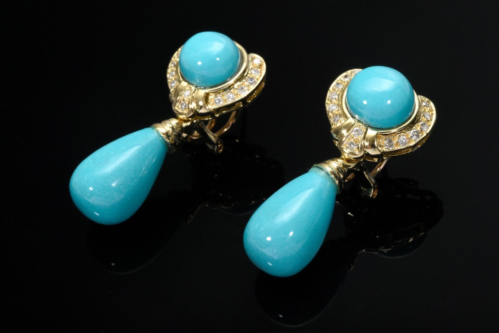 Pair of elegant Yellow gold 585 turquoise drop earrings with diamonds