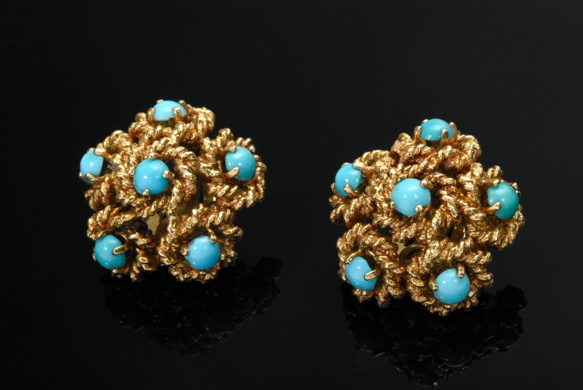 4 Various pieces of yellow gold 750 jewellery with cord strings circa 1960: turquoise sabochon neck - Image 3 of 7