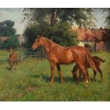Krause, Hans (1864-1931) "Stute mit Fohlen beim Weidegang" 1929, Öl/Leinwand auf Malpappe kaschiert