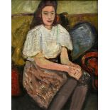 Unbekannter Künstler des 20.Jh. "Junge Frau auf Sofa", Öl/Holz, 35,3x28,3cm (m.R. 55x47cm), Holzpla
